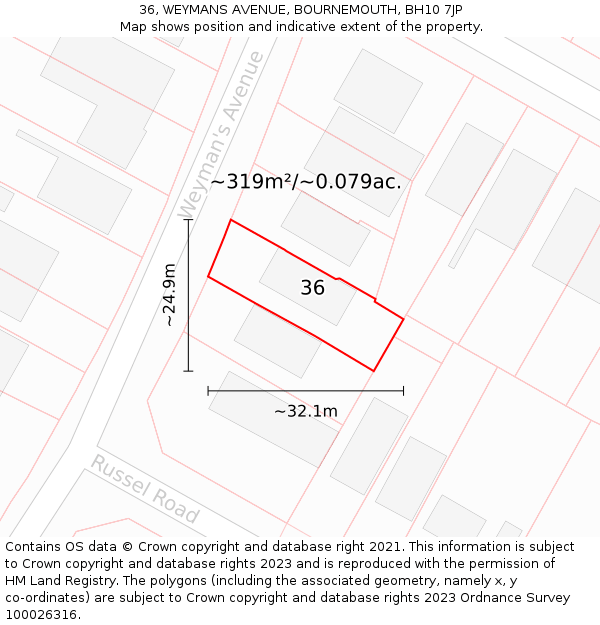 36, WEYMANS AVENUE, BOURNEMOUTH, BH10 7JP: Plot and title map