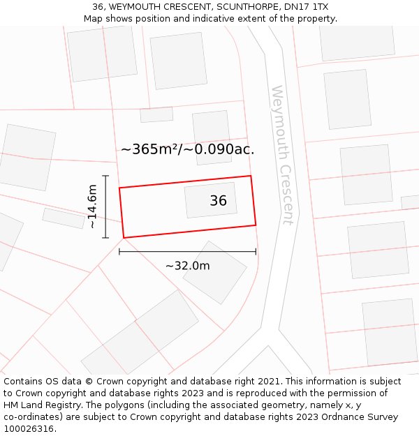 36, WEYMOUTH CRESCENT, SCUNTHORPE, DN17 1TX: Plot and title map