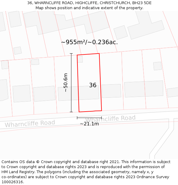 36, WHARNCLIFFE ROAD, HIGHCLIFFE, CHRISTCHURCH, BH23 5DE: Plot and title map