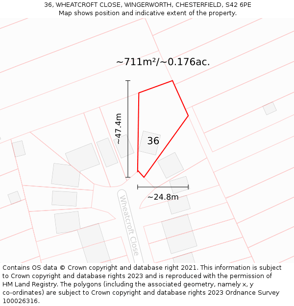 36, WHEATCROFT CLOSE, WINGERWORTH, CHESTERFIELD, S42 6PE: Plot and title map