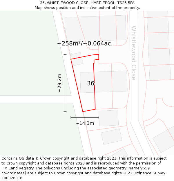 36, WHISTLEWOOD CLOSE, HARTLEPOOL, TS25 5FA: Plot and title map