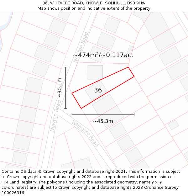 36, WHITACRE ROAD, KNOWLE, SOLIHULL, B93 9HW: Plot and title map