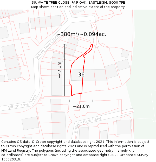 36, WHITE TREE CLOSE, FAIR OAK, EASTLEIGH, SO50 7FE: Plot and title map
