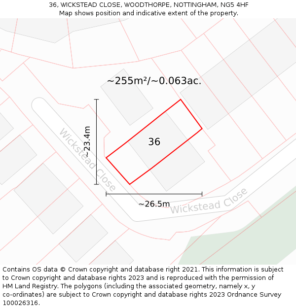 36, WICKSTEAD CLOSE, WOODTHORPE, NOTTINGHAM, NG5 4HF: Plot and title map