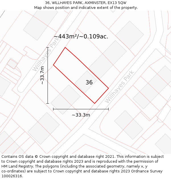 36, WILLHAYES PARK, AXMINSTER, EX13 5QW: Plot and title map