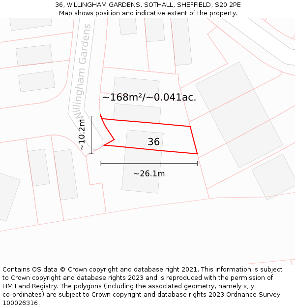 36, WILLINGHAM GARDENS, SOTHALL, SHEFFIELD, S20 2PE: Plot and title map