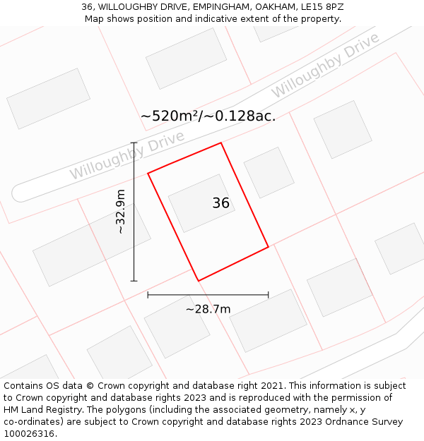 36, WILLOUGHBY DRIVE, EMPINGHAM, OAKHAM, LE15 8PZ: Plot and title map