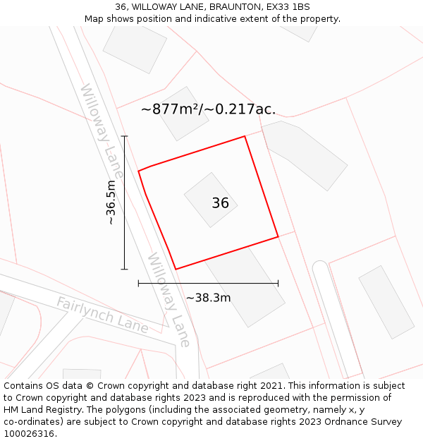 36, WILLOWAY LANE, BRAUNTON, EX33 1BS: Plot and title map