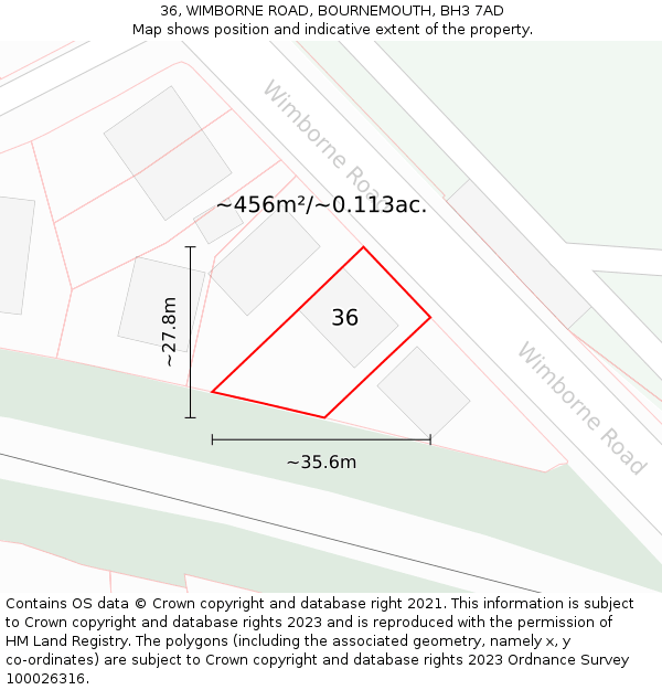 36, WIMBORNE ROAD, BOURNEMOUTH, BH3 7AD: Plot and title map