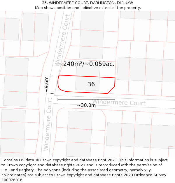36, WINDERMERE COURT, DARLINGTON, DL1 4YW: Plot and title map