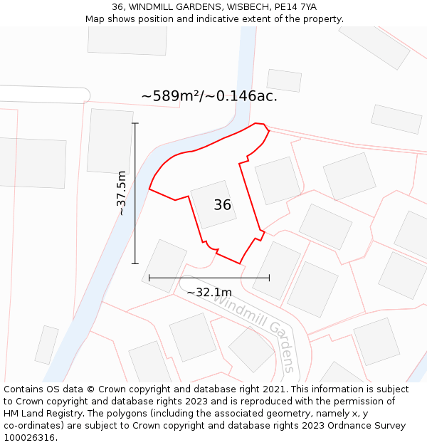 36, WINDMILL GARDENS, WISBECH, PE14 7YA: Plot and title map