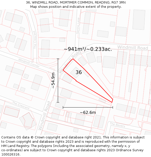 36, WINDMILL ROAD, MORTIMER COMMON, READING, RG7 3RN: Plot and title map