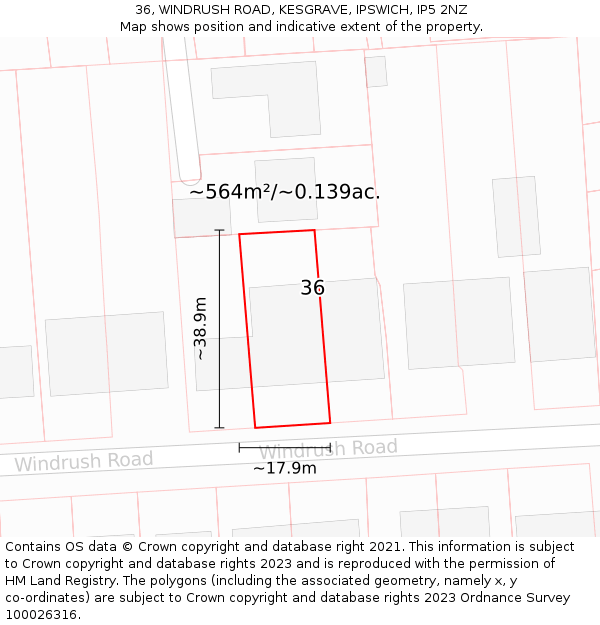 36, WINDRUSH ROAD, KESGRAVE, IPSWICH, IP5 2NZ: Plot and title map