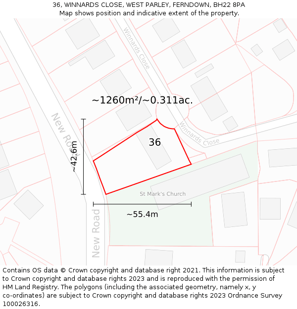 36, WINNARDS CLOSE, WEST PARLEY, FERNDOWN, BH22 8PA: Plot and title map