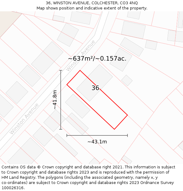 36, WINSTON AVENUE, COLCHESTER, CO3 4NQ: Plot and title map