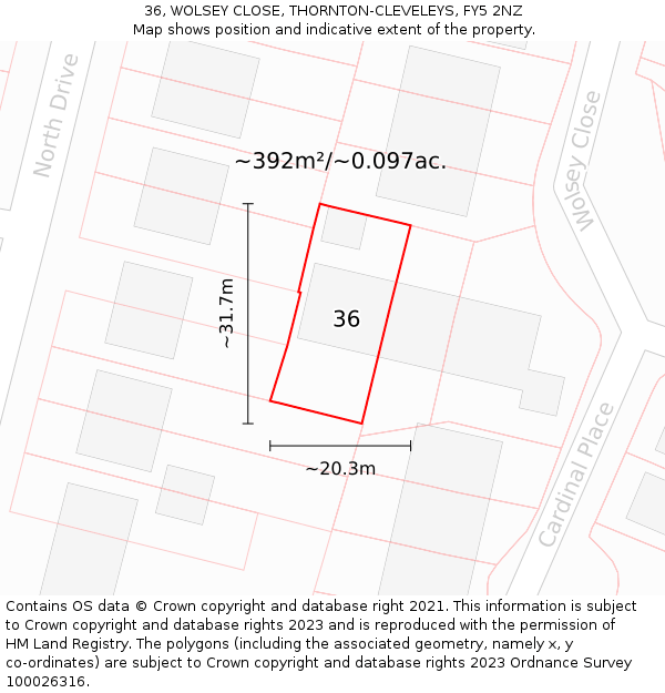 36, WOLSEY CLOSE, THORNTON-CLEVELEYS, FY5 2NZ: Plot and title map