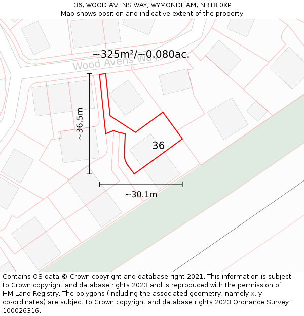 36, WOOD AVENS WAY, WYMONDHAM, NR18 0XP: Plot and title map