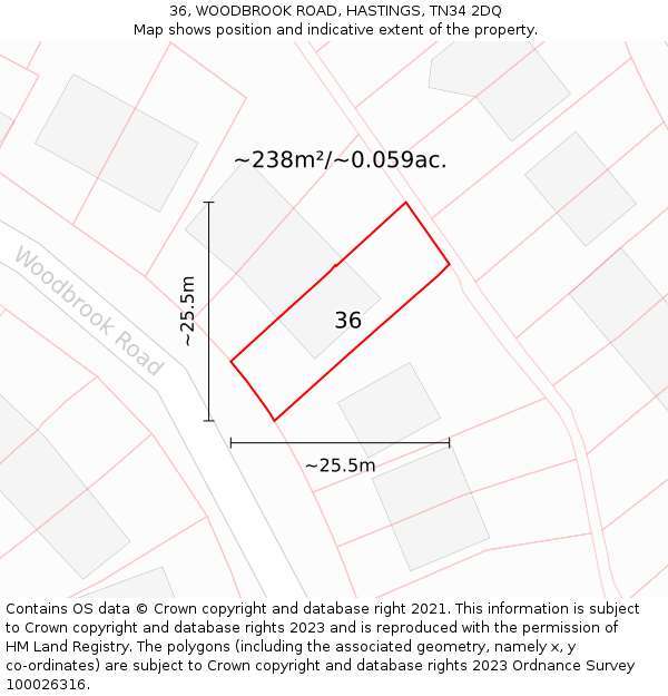 36, WOODBROOK ROAD, HASTINGS, TN34 2DQ: Plot and title map