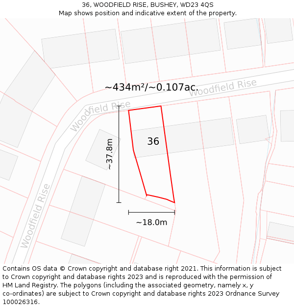 36, WOODFIELD RISE, BUSHEY, WD23 4QS: Plot and title map