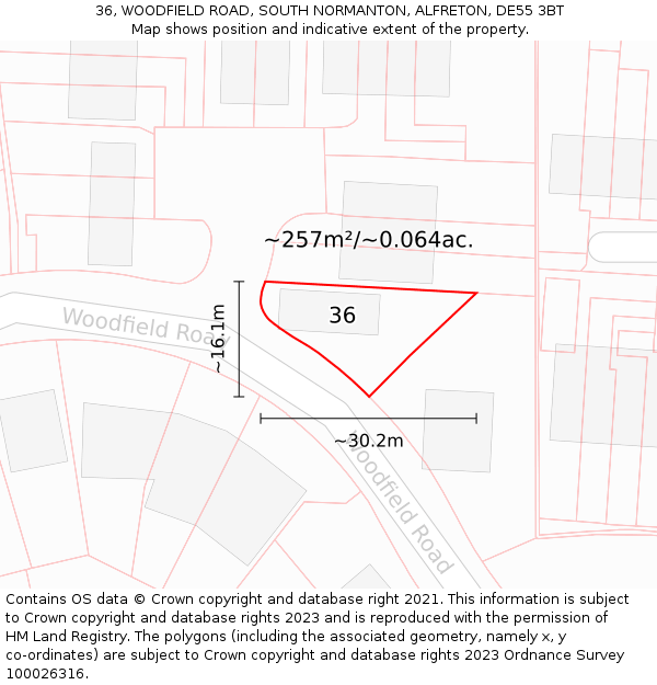 36, WOODFIELD ROAD, SOUTH NORMANTON, ALFRETON, DE55 3BT: Plot and title map