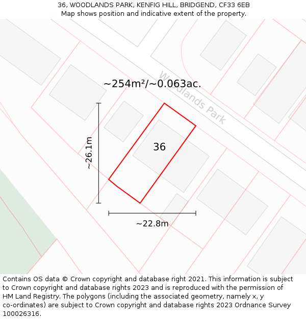 36, WOODLANDS PARK, KENFIG HILL, BRIDGEND, CF33 6EB: Plot and title map