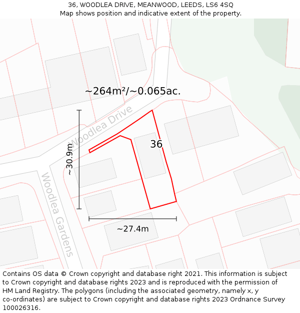 36, WOODLEA DRIVE, MEANWOOD, LEEDS, LS6 4SQ: Plot and title map