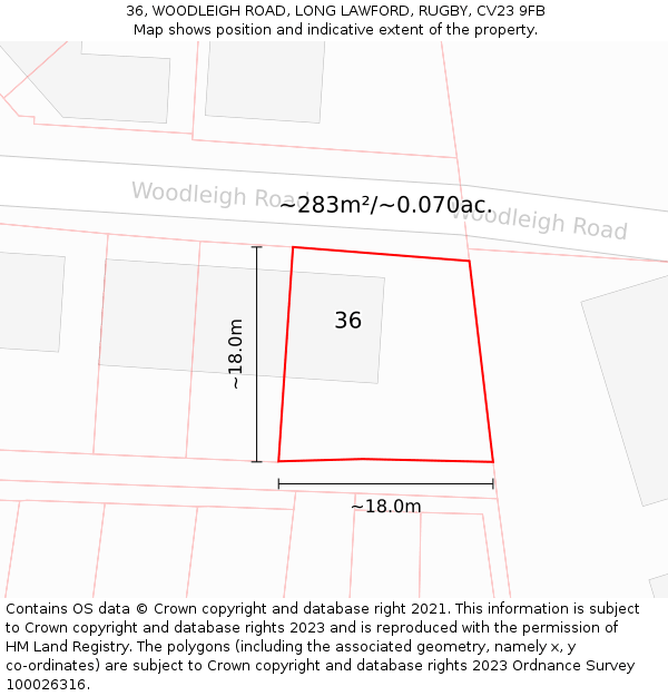 36, WOODLEIGH ROAD, LONG LAWFORD, RUGBY, CV23 9FB: Plot and title map