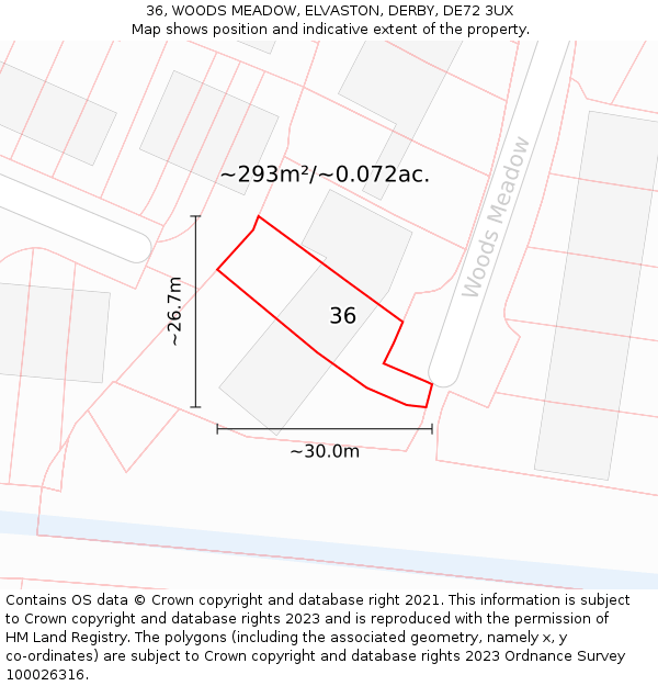 36, WOODS MEADOW, ELVASTON, DERBY, DE72 3UX: Plot and title map
