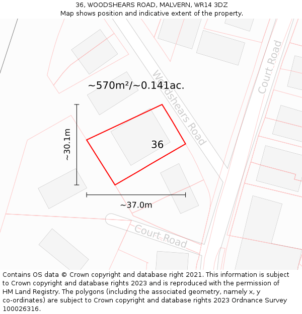 36, WOODSHEARS ROAD, MALVERN, WR14 3DZ: Plot and title map