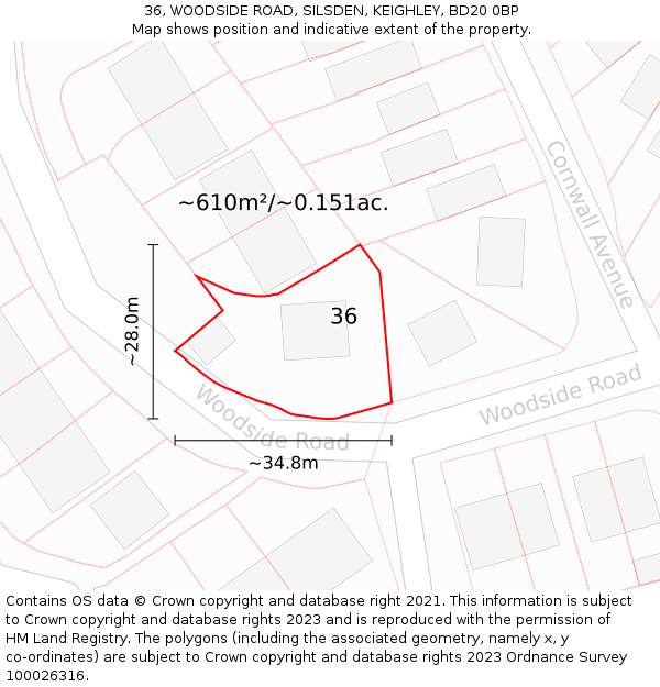36, WOODSIDE ROAD, SILSDEN, KEIGHLEY, BD20 0BP: Plot and title map