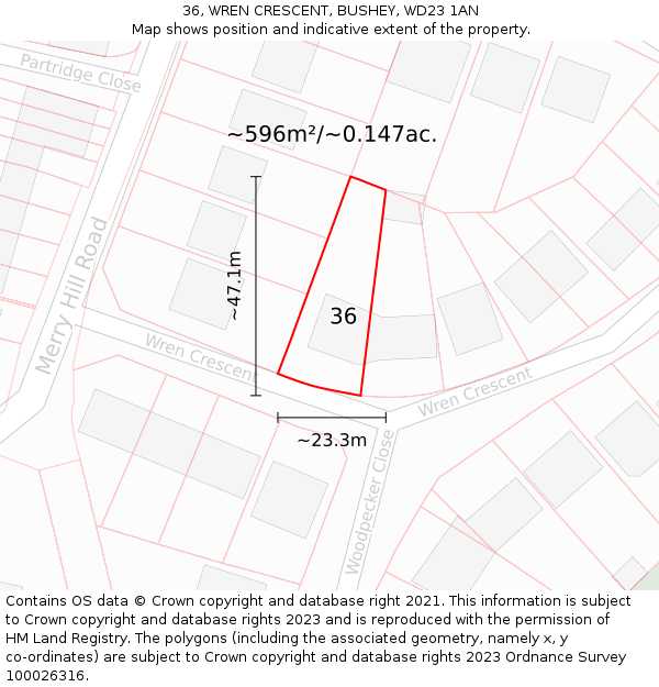 36, WREN CRESCENT, BUSHEY, WD23 1AN: Plot and title map