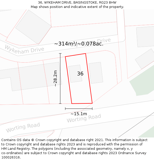 36, WYKEHAM DRIVE, BASINGSTOKE, RG23 8HW: Plot and title map