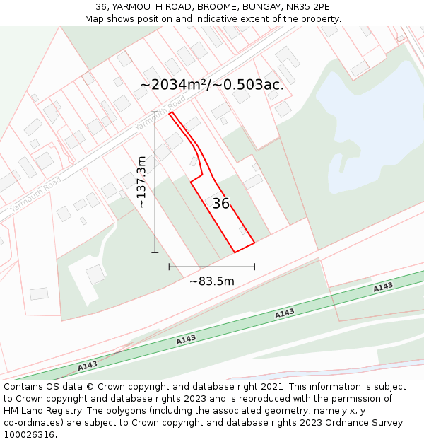 36, YARMOUTH ROAD, BROOME, BUNGAY, NR35 2PE: Plot and title map