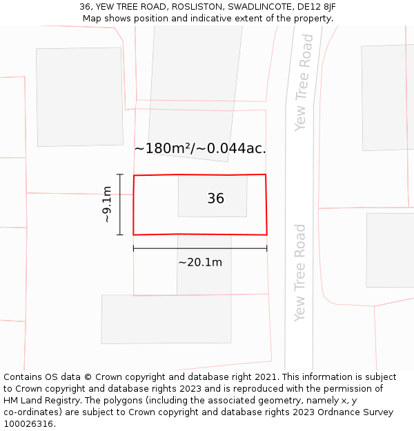 36, YEW TREE ROAD, ROSLISTON, SWADLINCOTE, DE12 8JF: Plot and title map