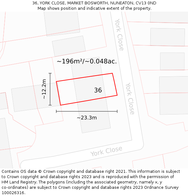 36, YORK CLOSE, MARKET BOSWORTH, NUNEATON, CV13 0ND: Plot and title map