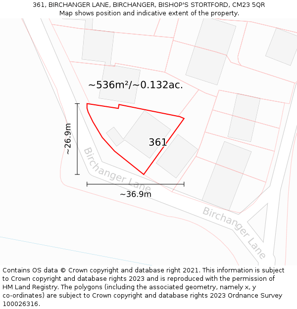 361, BIRCHANGER LANE, BIRCHANGER, BISHOP'S STORTFORD, CM23 5QR: Plot and title map