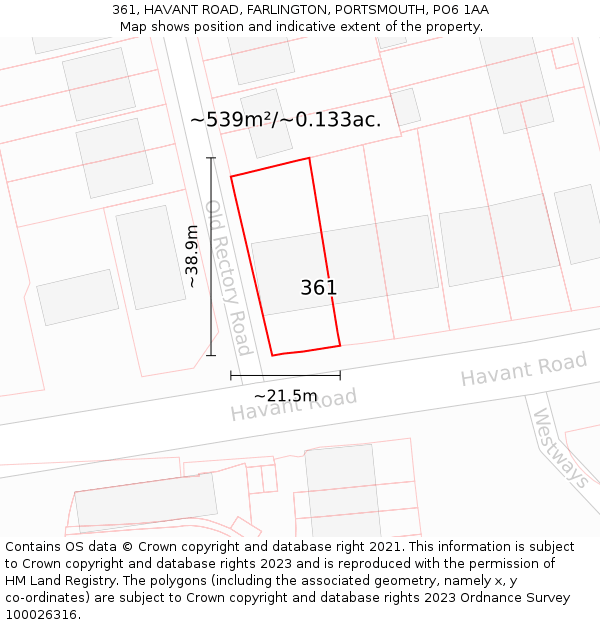 361, HAVANT ROAD, FARLINGTON, PORTSMOUTH, PO6 1AA: Plot and title map