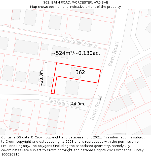362, BATH ROAD, WORCESTER, WR5 3HB: Plot and title map