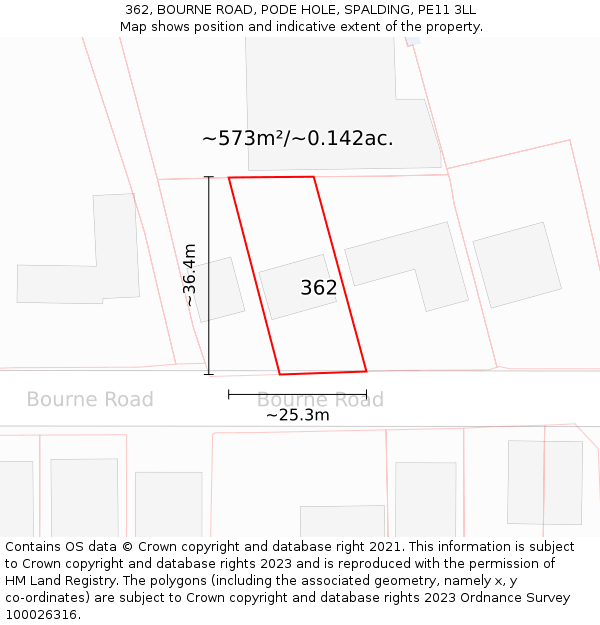 362, BOURNE ROAD, PODE HOLE, SPALDING, PE11 3LL: Plot and title map