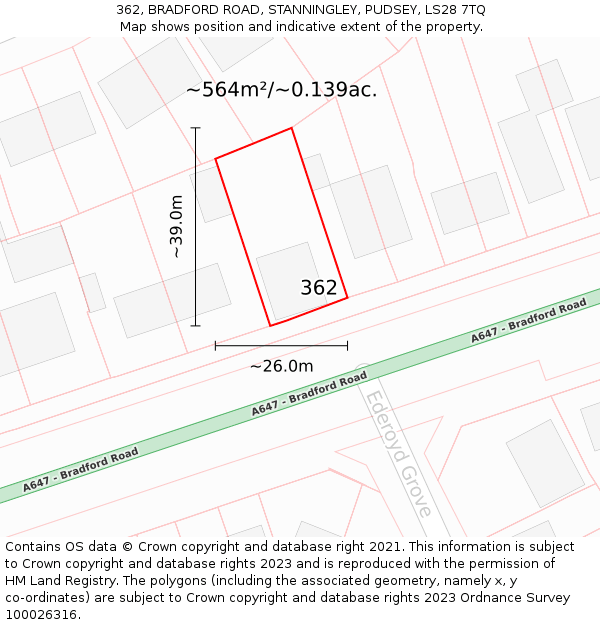 362, BRADFORD ROAD, STANNINGLEY, PUDSEY, LS28 7TQ: Plot and title map