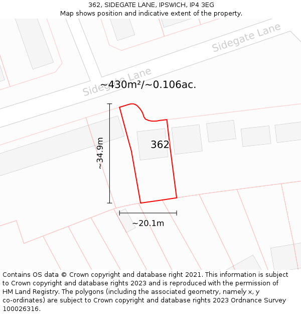 362, SIDEGATE LANE, IPSWICH, IP4 3EG: Plot and title map