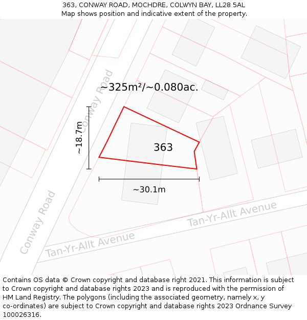363, CONWAY ROAD, MOCHDRE, COLWYN BAY, LL28 5AL: Plot and title map