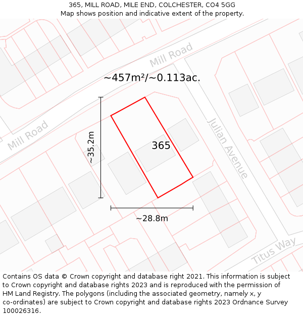 365, MILL ROAD, MILE END, COLCHESTER, CO4 5GG: Plot and title map