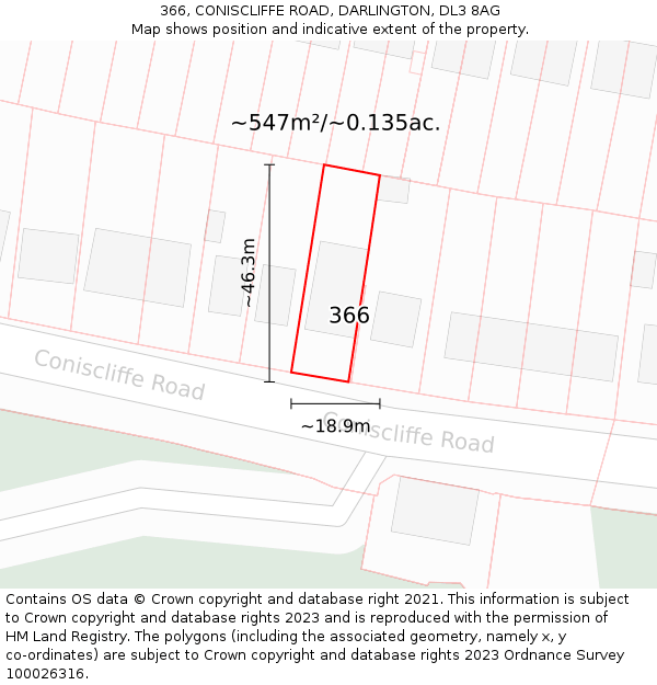 366, CONISCLIFFE ROAD, DARLINGTON, DL3 8AG: Plot and title map