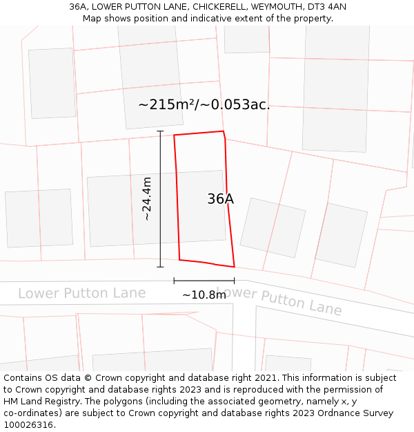 36A, LOWER PUTTON LANE, CHICKERELL, WEYMOUTH, DT3 4AN: Plot and title map