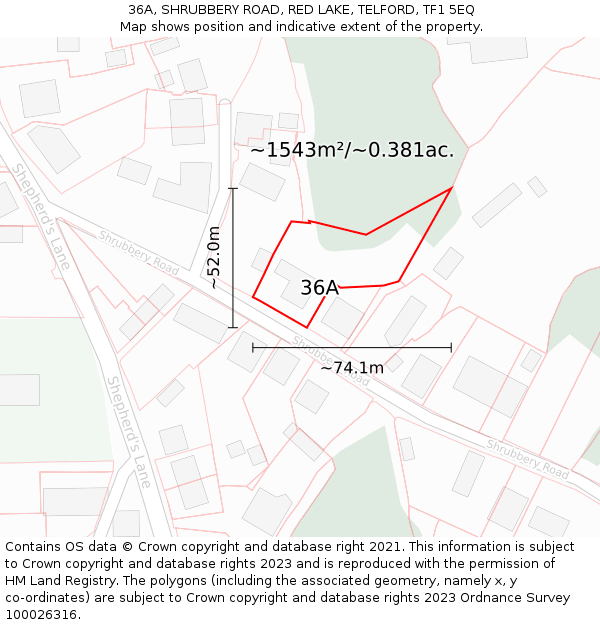 36A, SHRUBBERY ROAD, RED LAKE, TELFORD, TF1 5EQ: Plot and title map