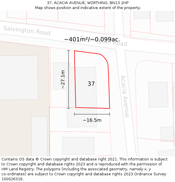 37, ACACIA AVENUE, WORTHING, BN13 2HP: Plot and title map