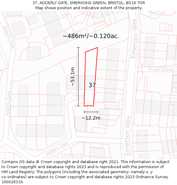 37, ADDERLY GATE, EMERSONS GREEN, BRISTOL, BS16 7DR: Plot and title map