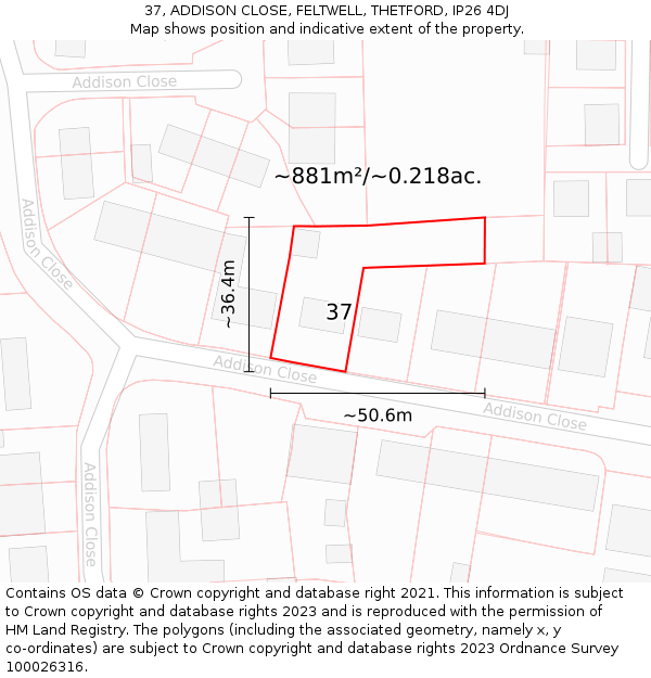 37, ADDISON CLOSE, FELTWELL, THETFORD, IP26 4DJ: Plot and title map