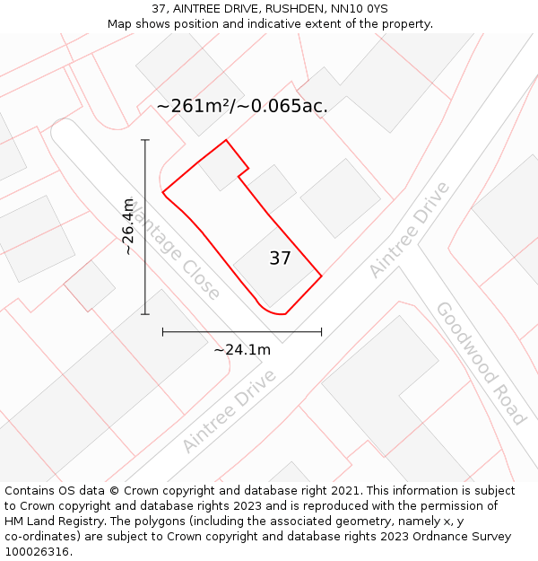 37, AINTREE DRIVE, RUSHDEN, NN10 0YS: Plot and title map